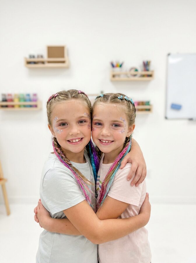 Two girls smiling with pink curlers